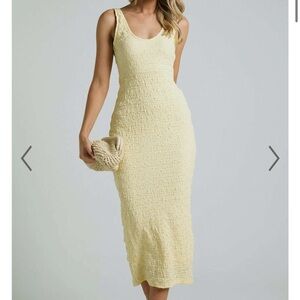 Showpo NOVIDA MIDI DRESS - TEXTURED BODYCON DRESS IN BUTTER YELLOW